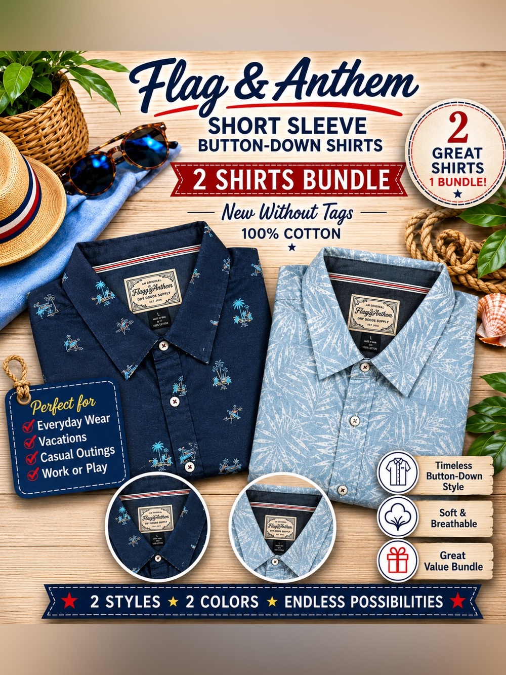 NWOT Men’s Short-Sleeve Shirt 100% Cotton Bundle of 2 shirts both are Large